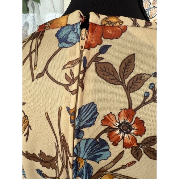 Vintage 70's Sears MOD Big Floral Belted Dress Beige Blue Size 10 - Picture 10 of 12